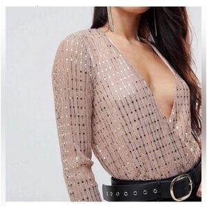 🪞 NWT drape front sequin stitched bodysuit dressy top
